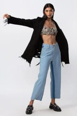 Saaksha & Kinni Black Oversized Denim Jacket With Frayed Edges