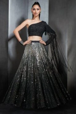 Rohit Gandhi + Rahul Khanna Black Ombre Embellished Lehenga Set