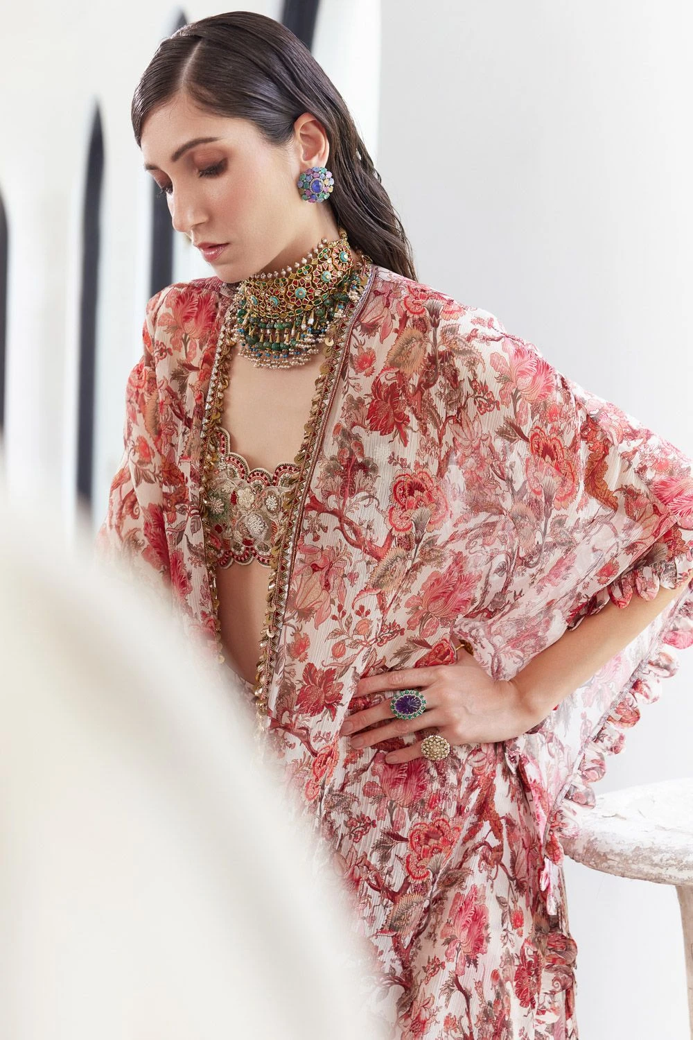 Ridhima Bhasin Amara 3-D Floral Embellished Cape Set 3 Ridhima Bhasin Amara 3-D Floral Embellished Cape Set - Image 3