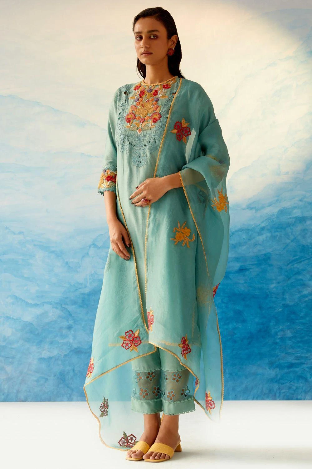 Chandrima Aqua Chanderi Pants With Organza Panel 1 Chandrima Aqua Chanderi Pants With Organza Panel