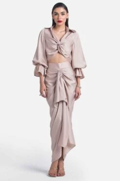 431-88 By Shweta Kapur Nude Satin Draped Skirt