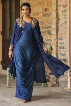 Niti Bothra Regal Blue Zardozi Paisley Jacket-dress Set