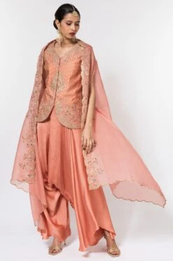 Petticoat Lane By Divya Peach Embroidered Jacket & Dhoti With Cape