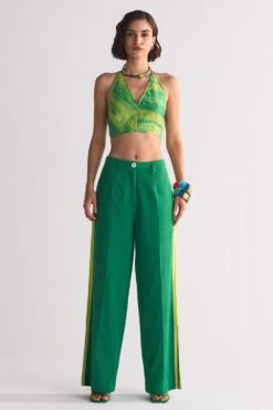 Ikai Lime Green Side Stripe Elasticated Slit Pants