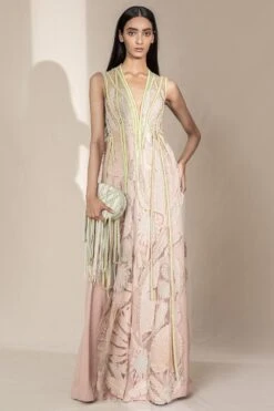 Abhishek Sharma 3-D Appliqued Long Jacket & High Waisted Pants