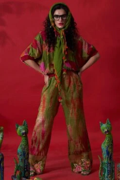 CAPISVIRLEO Green Habutai Silk Bell Bottoms