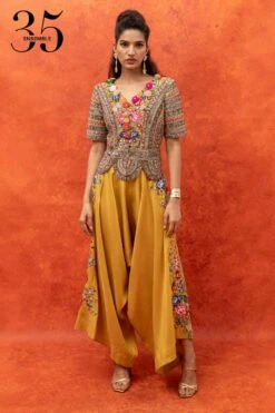 Anamika Khanna Yellow 3-D Embroidered Jacket With Dhoti Pants
