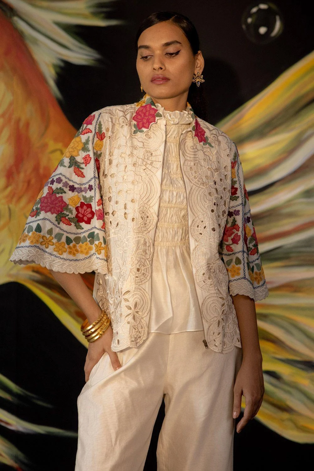 Chandrima Ivory Floral Embroidered Jacket 2 Chandrima Ivory Floral Embroidered Jacket - Image 2