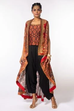 Nergis By Debyani Printed Top & Black Drape Pants With Jacket