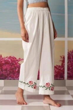 Ikai Ivory Palazzos With Pink Floral Applique Details