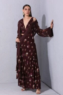 Varun Bahl Pret Wine Printed Jacket Set
