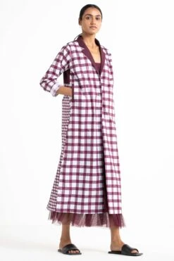Three Wine Checkered Trench Coat