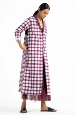 Three Wine Checkered Trench Coat -Inca Style Shop wf21 j03 3